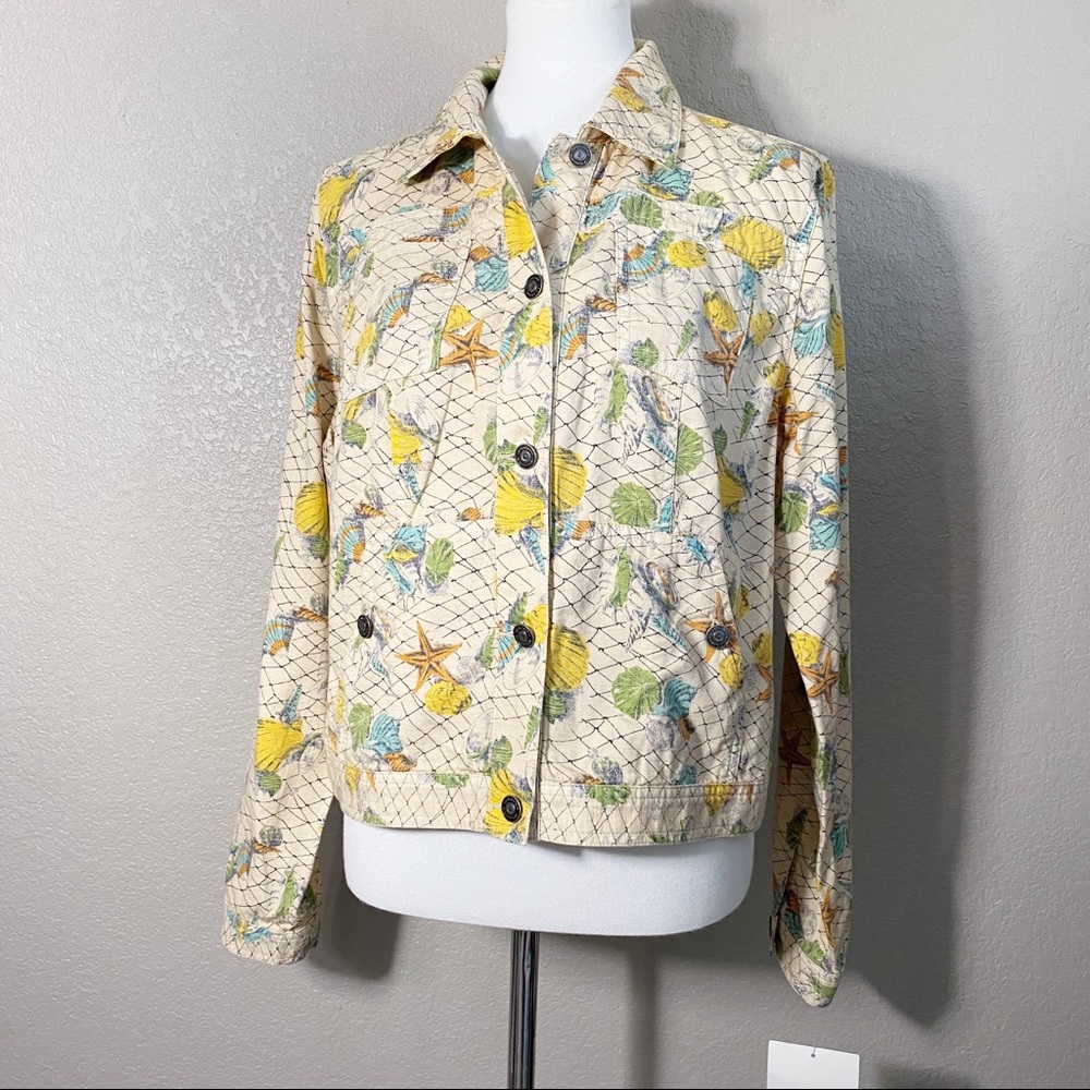 Vintage Coastal Beach Novelty Print Mermaid Seashell Denim Jacket Lg
